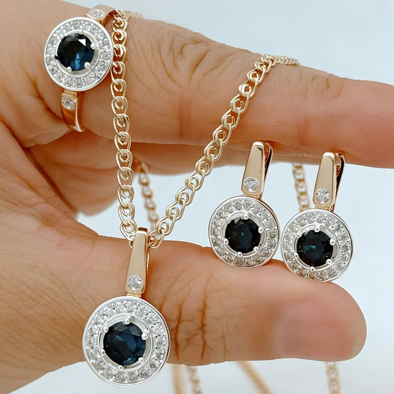 Kinel Hot Blue Natural Zircon Ring Earrings Necklace For Women 585 Rose Gold Silver Color Mix Daily Bride Wedding...