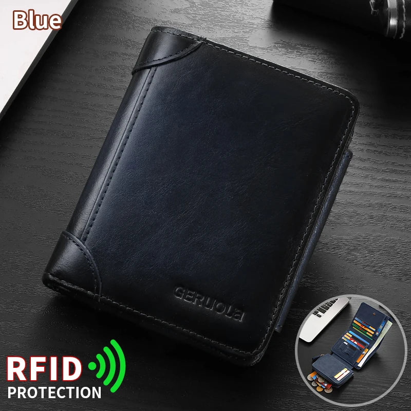 Men’s compact, high-capacity genuine leather wallet; top-grain cowhide wallet with multiple card slots; RFID protection