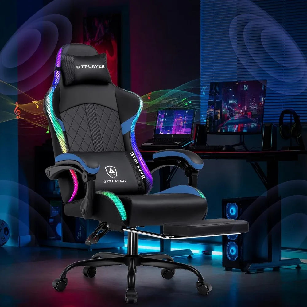 RGB Gaming Chair with Speakers and LED Lights, Ergonomic Computer Chair for Adults, High Backrest, Comfortable for PC Gamers, In
