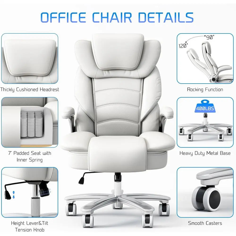 Ergonomic Leather Executive Chair with Wide Seat for 400lb Capacity, High Back and Flip-Up Arms, White | Kimlud Luxury Home