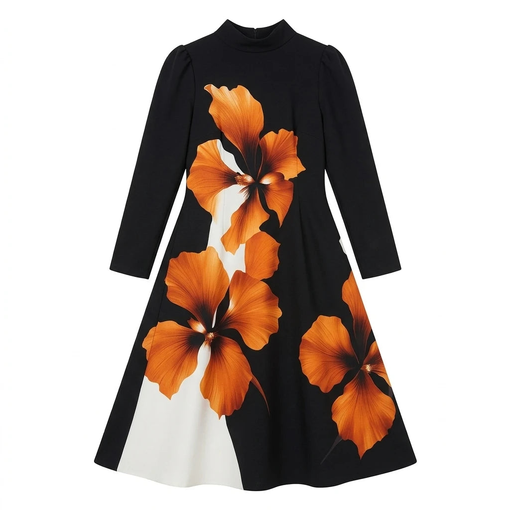 Yeezzi Women's Elegant Stand Collar A-Line Party Dress 2026 New Vintage Floral Printed Midi Dresses For Evening Office...