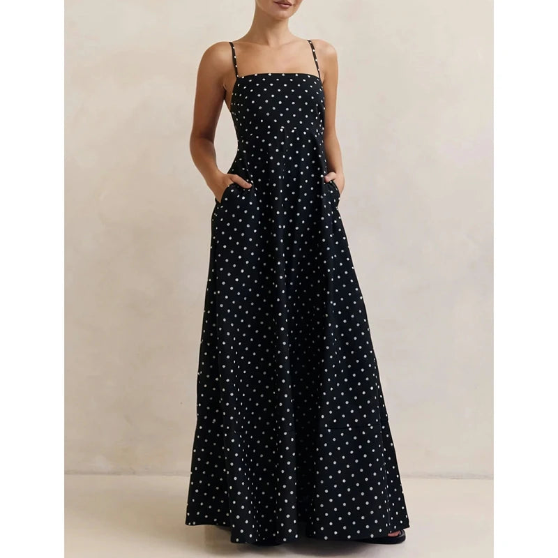 Women's Summer Slip Dress Dot Print Sleeveless Spaghetti Strap Smocked Backless Flowy Long A Line Dress with Pockets |...