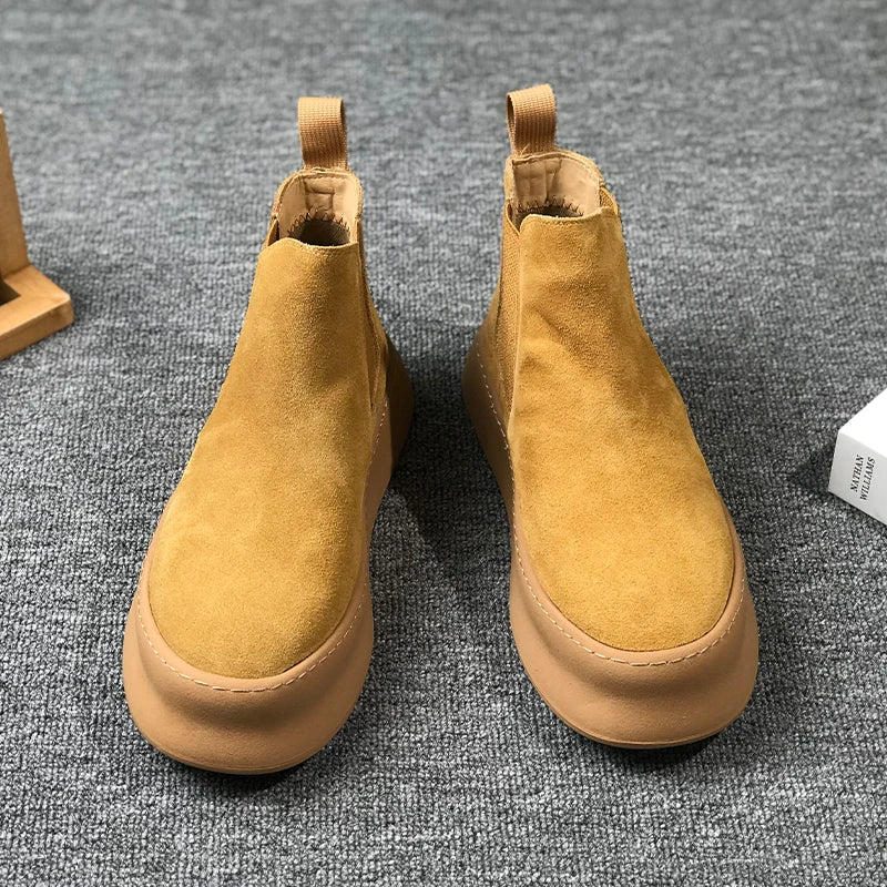 Men Thick Soled Suede Short Boots Retro Autumn Winter Comfortable Fashionable Height Increasing Boots for Casual Young People