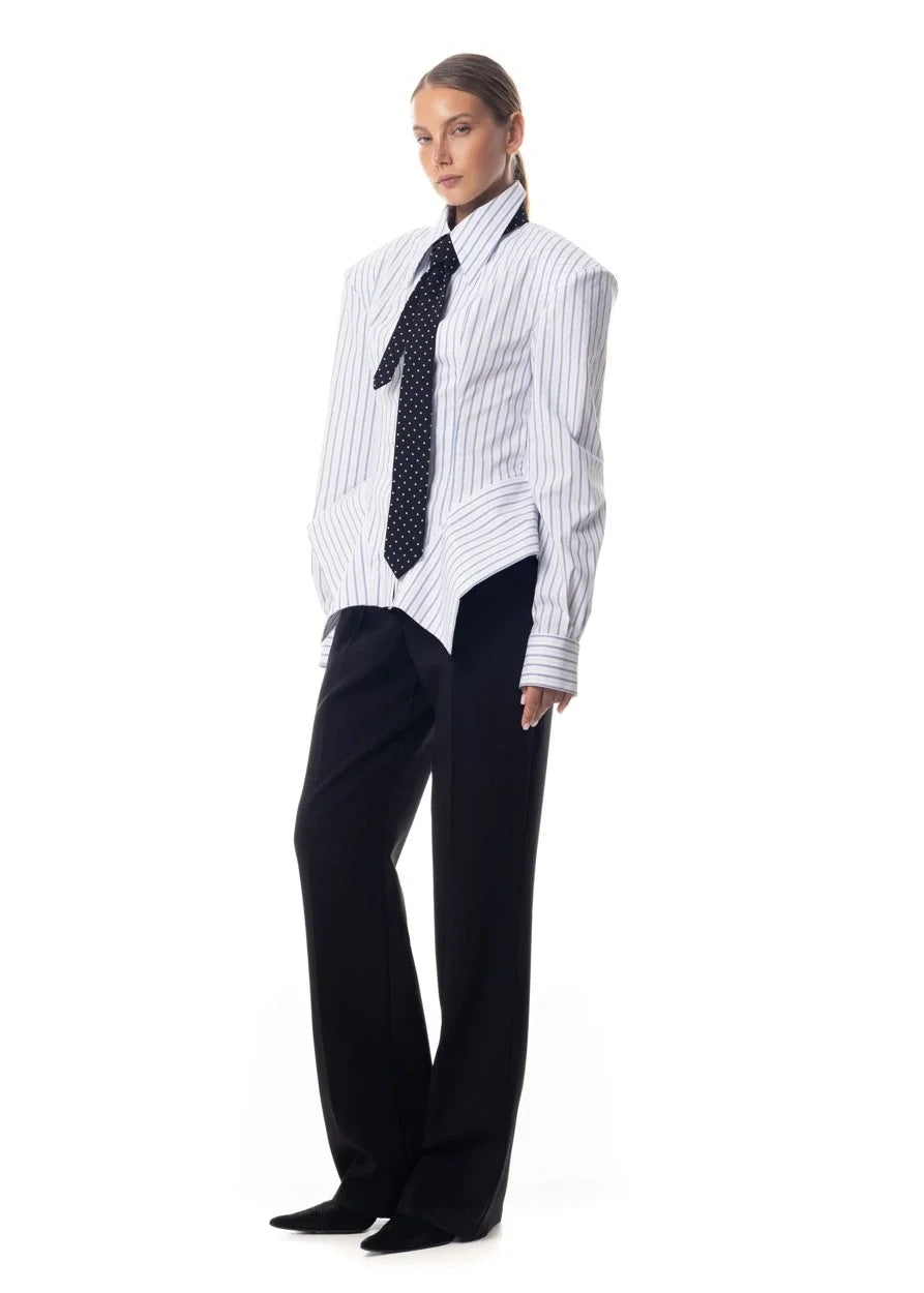 Women's Collar Striped Shirt with Asymmetrical Hem and Waist Cinching 2026 Spring summer Fashionable Casual Office...
