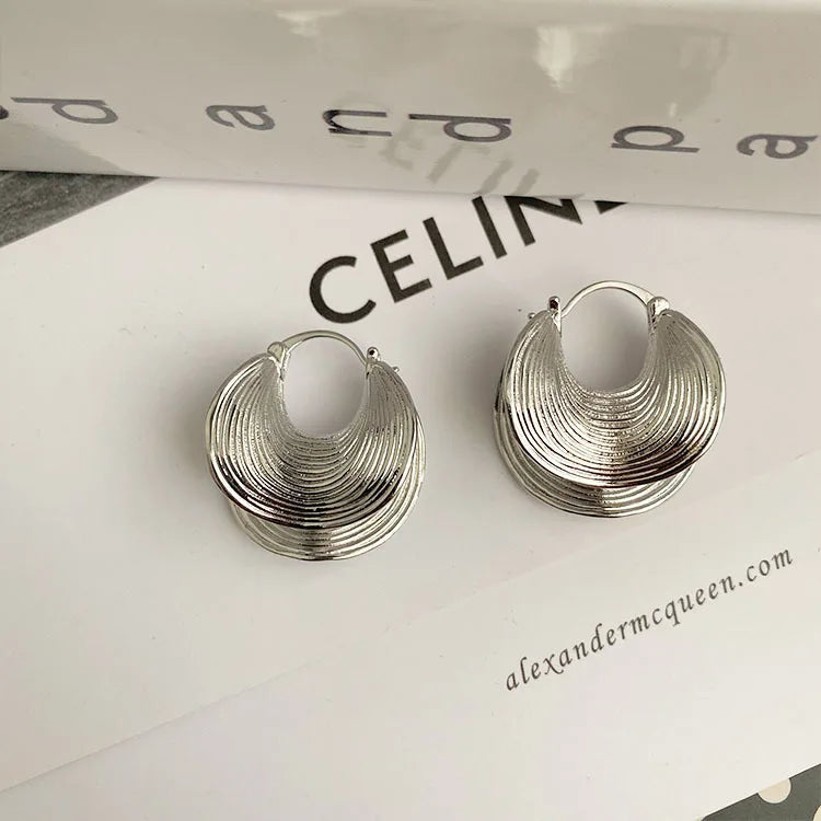 Unique Geometric Irregular Striped Large Ear Buckle Earrings for Women Creative Metal Gold Color Fan Shaped Earring...