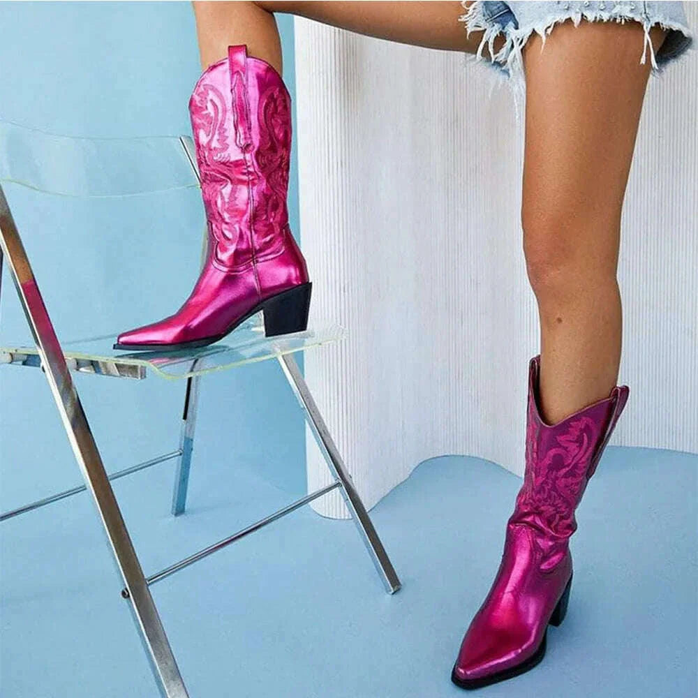 GIGIFOX Embroidered Women Mid-Calf Western Boots Block High Heel Pointed Toe Pull-On Shoes All-Match StreetSnap Cowgirl  Boots