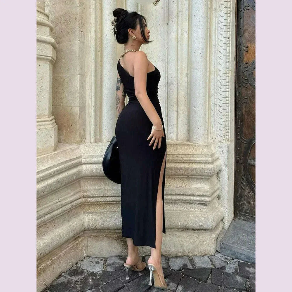 Black Maxi Dress Women Elegant Party Summer Fashion Sexy Split Sleeveless Backless Dress Off Shoulder Streetwear Club Slim Dress