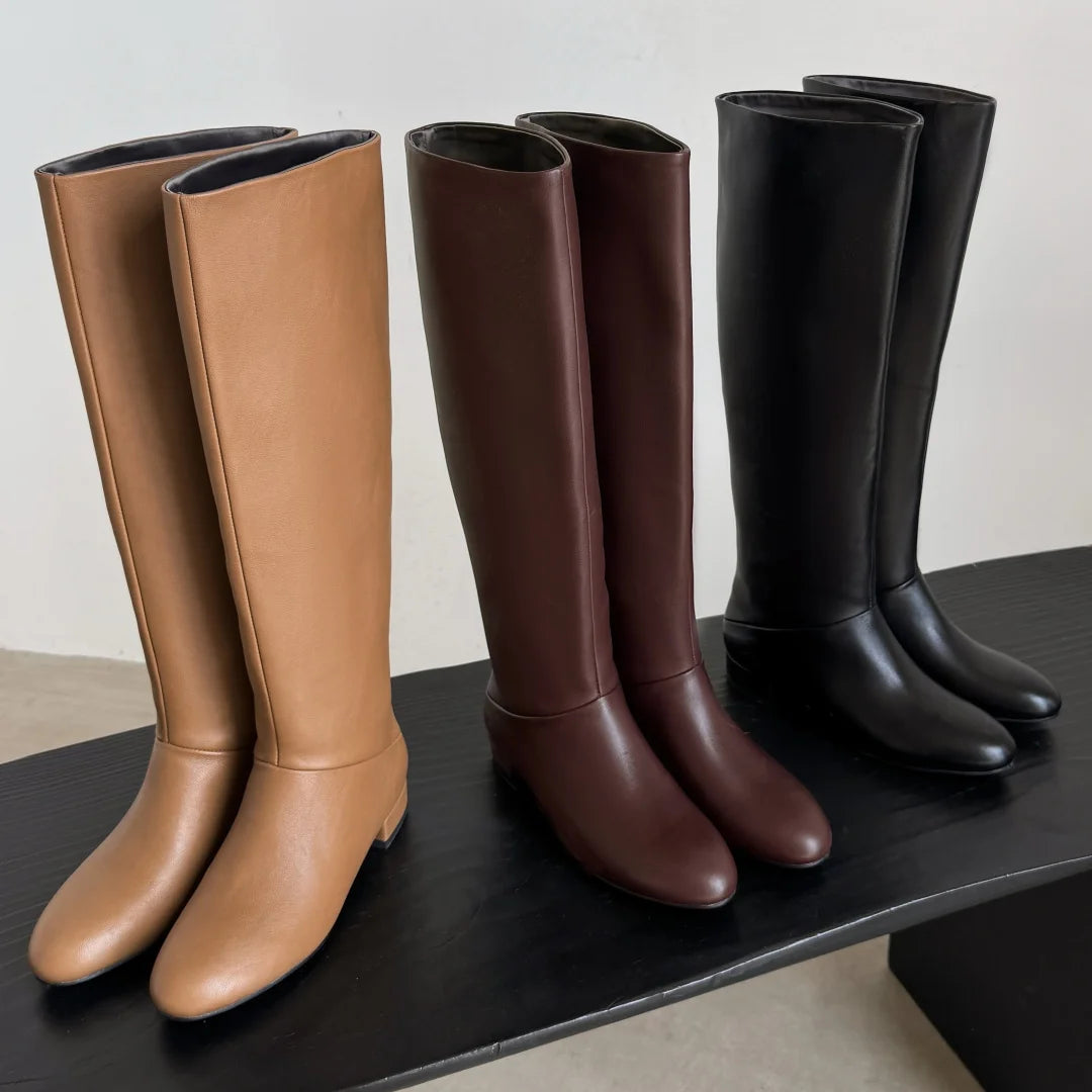 Women's genuine leather round toe slip-on flats autumn knee high boots casual female soft comfortable knight boots shoes woman