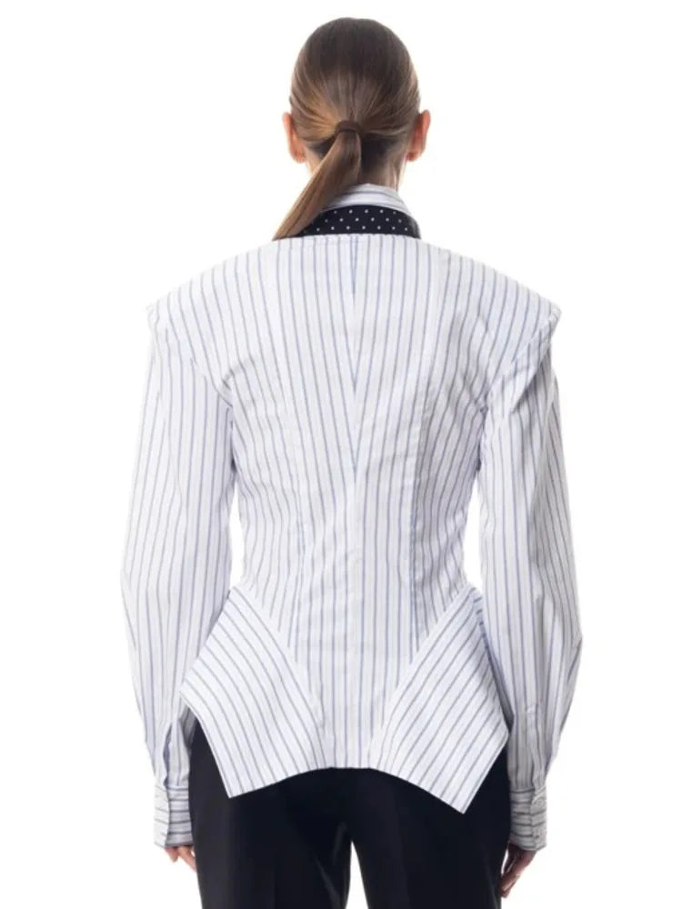 Women's Collar Striped Shirt with Asymmetrical Hem and Waist Cinching 2026 Spring summer Fashionable Casual Office...