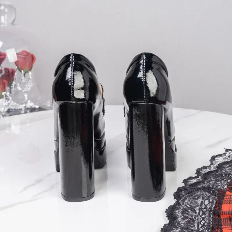 SIMLOVEYO Women Fashion Pumps Round Toe Chunky Heels 14cm Double Platform 4cm Slip On Metal Decor Big Size 43 44 45...