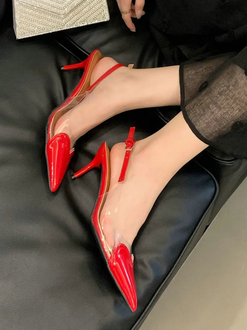2025 New Pointy Peach Heart Fine Heel Shoes Sexy Pvc Transparent Film Black Patent Leather High Heel Overhead Sandals