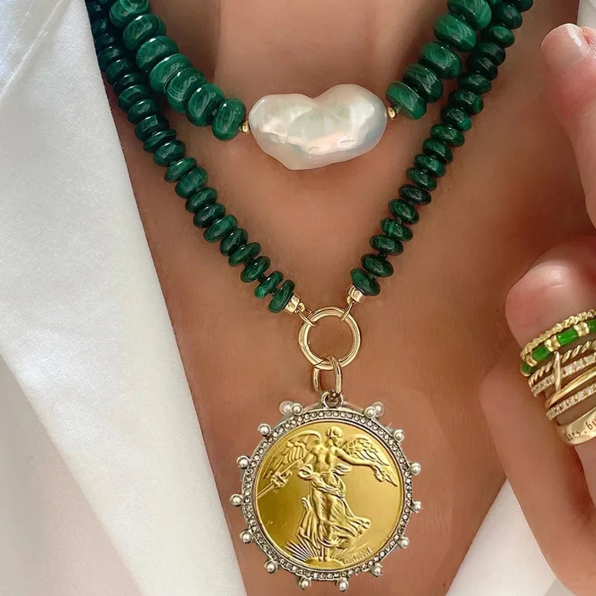 freshwater pearl chunky Stone Beads Turquoise queen Coin Pendant Choker Necklace For Women Girls Party Wedding Handmade Jewelry