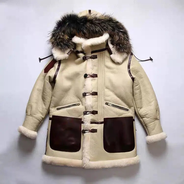 Winter Men Original Fur Coat Mid-length Thickened Sheepskin Leather Coat Bomber Hooded Wool Lining Warm Snow Men's Clothing
