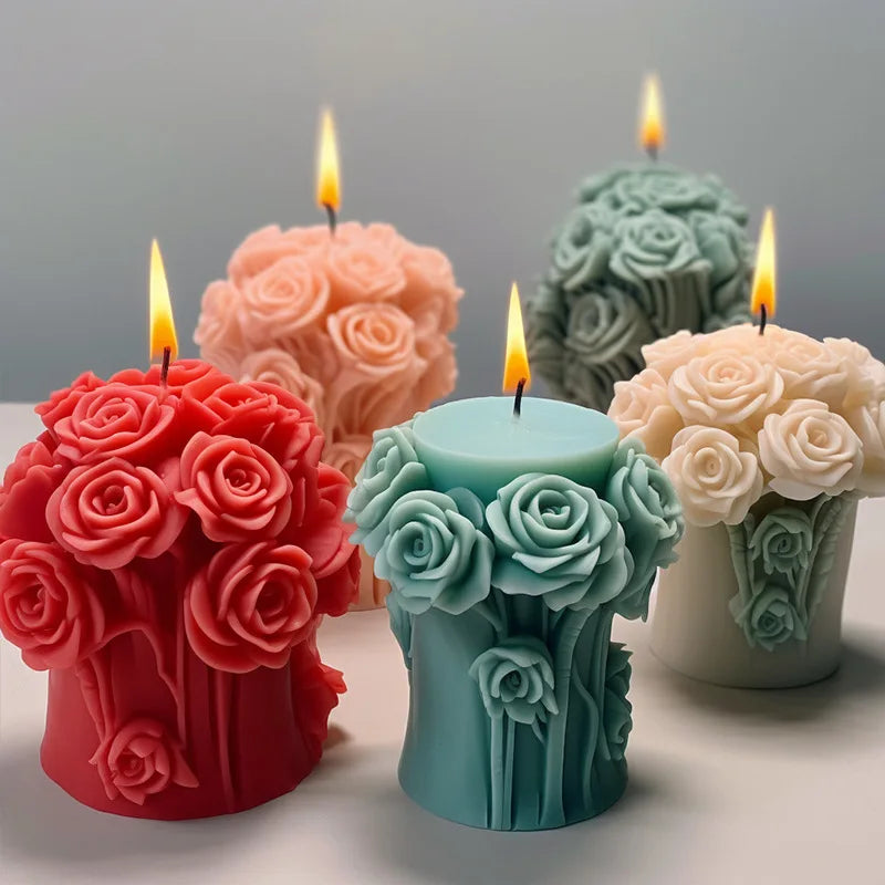 Rose Pillar Candle Mold 3D Rose Flower Silicone Mold Handmade Bouquet of Flowers,Wedding Gift,Home Desktop Decor Mold