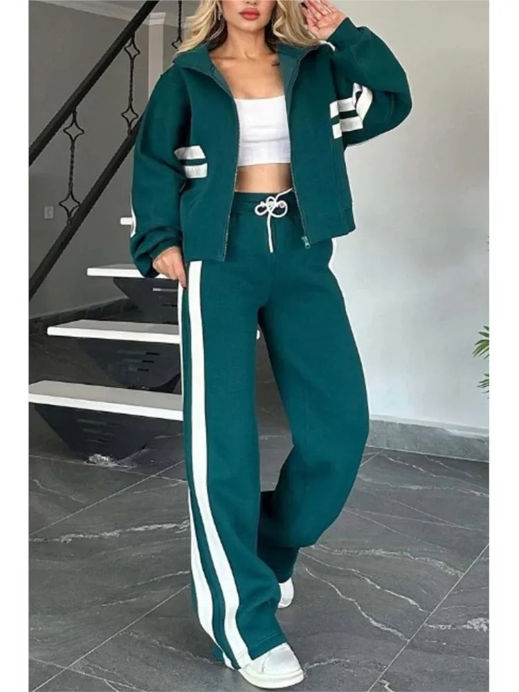 Autumn Winter Women's New Hoodie Suit Y2K Striped Zipper Loose Fit Jacket Outwear And High Waist Side-striped Pants Sports Sets - Kimlud
