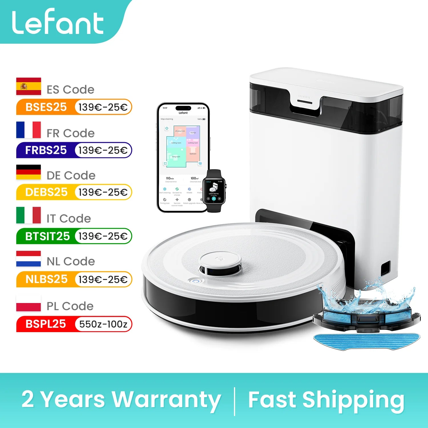 Lefant M2 Pro LDS Robot Vacuum and Mop Combo,  6000Pa Suction, Smart Mapping,60 Days Hands off Cleaning Vacuum