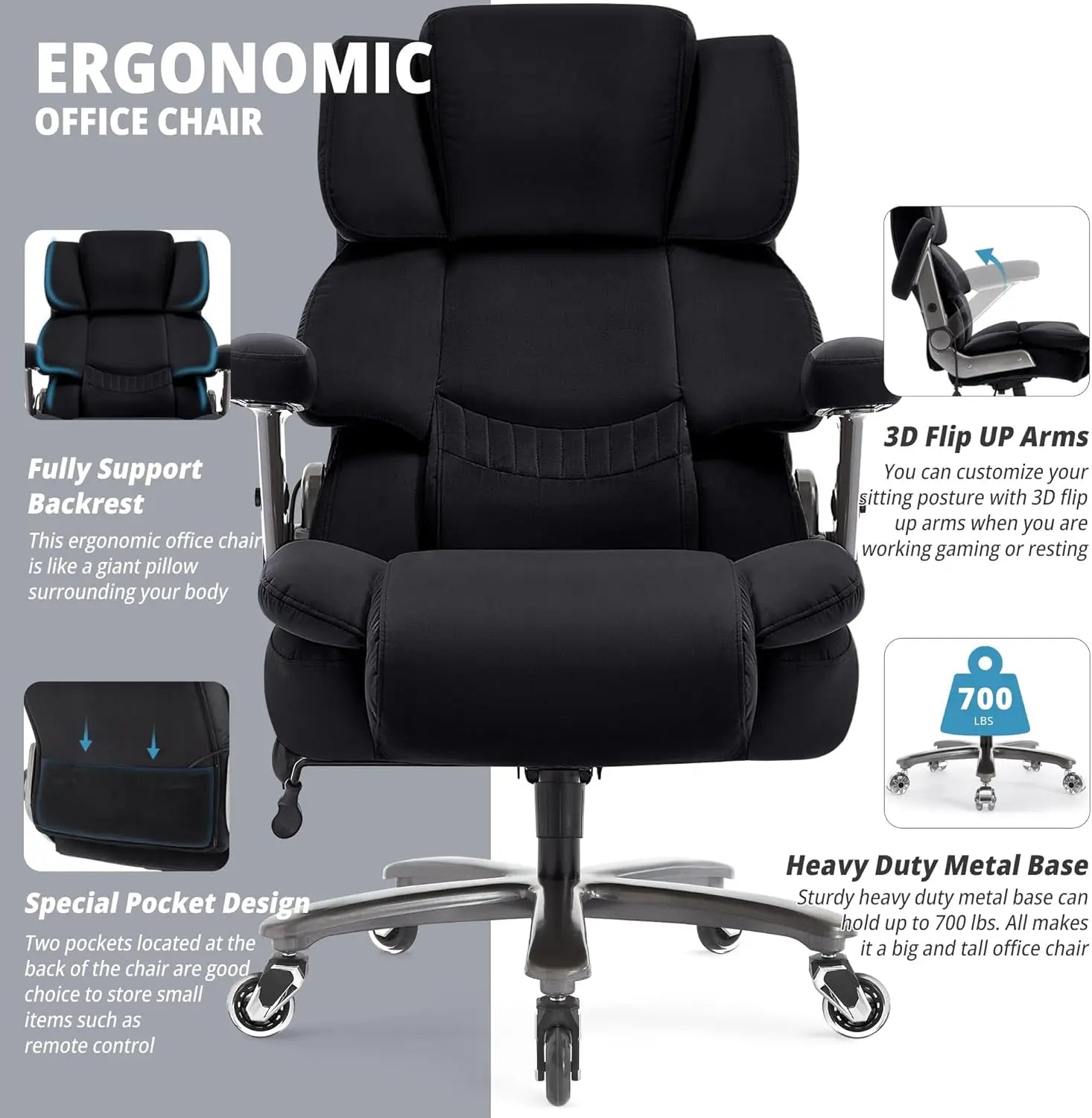 Big & Tall Office Chair 700lbs, High Back Executive Cloth Chair with Adjustable Lumbar Support, 3D Arms, Plus Size Rubber Wheels
