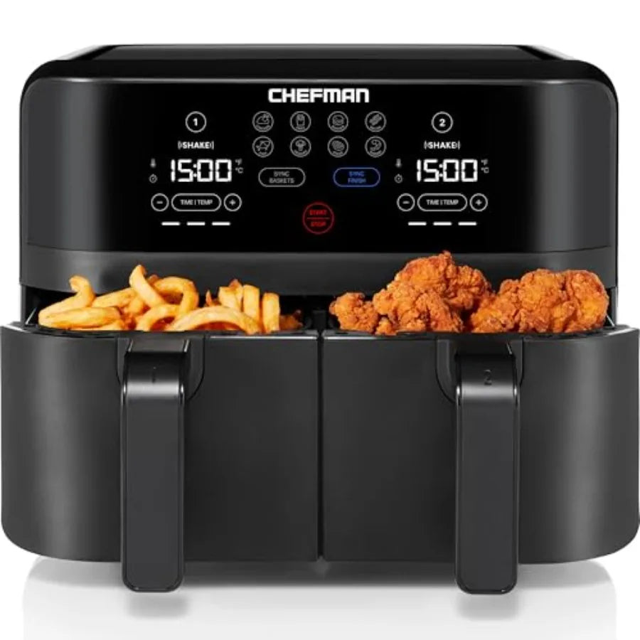 Dual Air Fryer with Double Basket Ccity for Healthy Meals One-Touch Digital Controls and Shake Reminder Stainless Steel Exterio