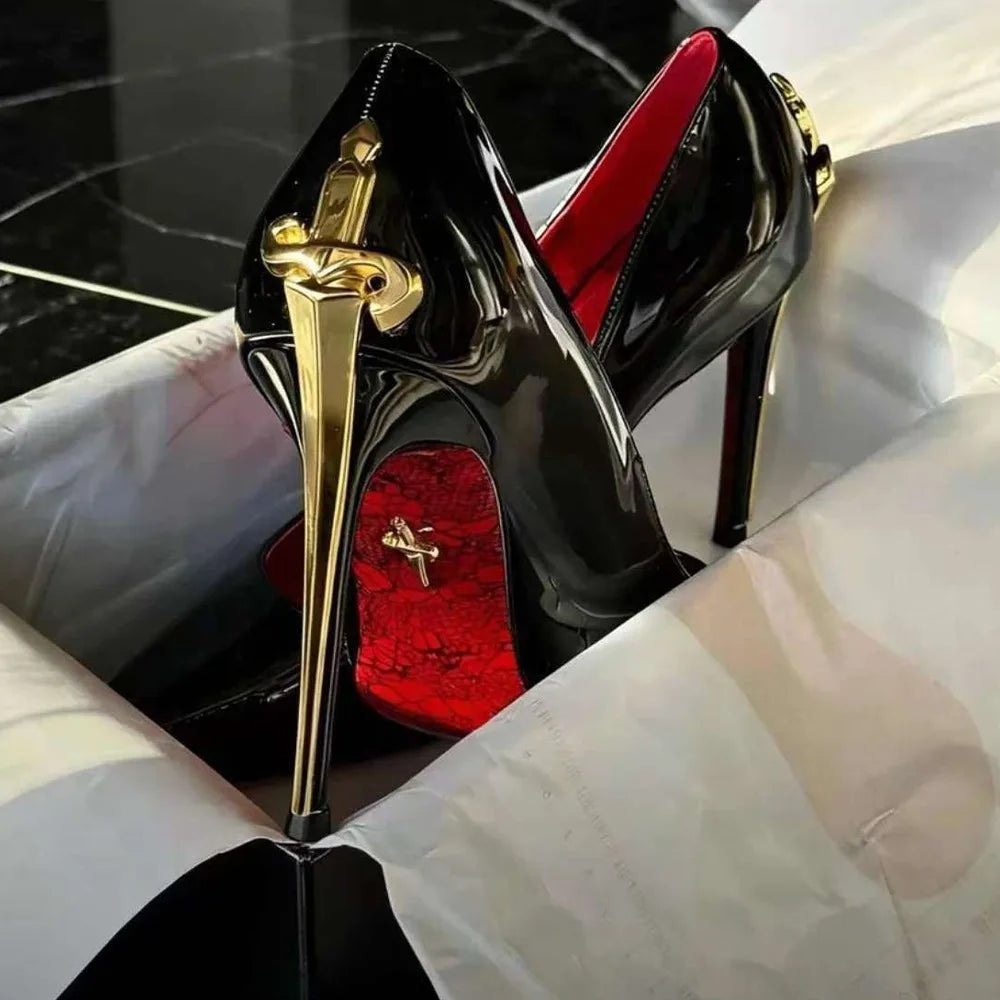 Super fiber leather women's power sword high heels, authoritative and sexy queen style snake patterned red soled shoes |...
