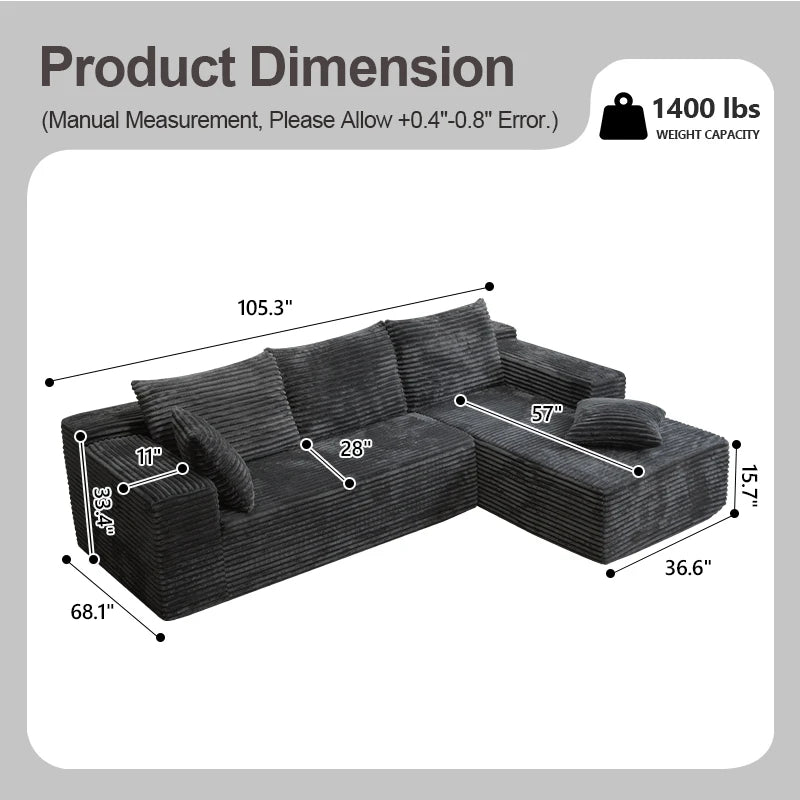 105Inch L-Shaped Living Room Sofa, No Assembly Required, Cozy Corduroy Fabric, Sofa Bed Convertible, Minimalist Deep Seat Design