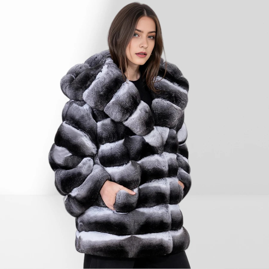 Women's Winter Jacket Real Rex Rabbit Fur Jacket With Hood Chinchilla Color Fur Coat High Quality Genuine Leather Jackets