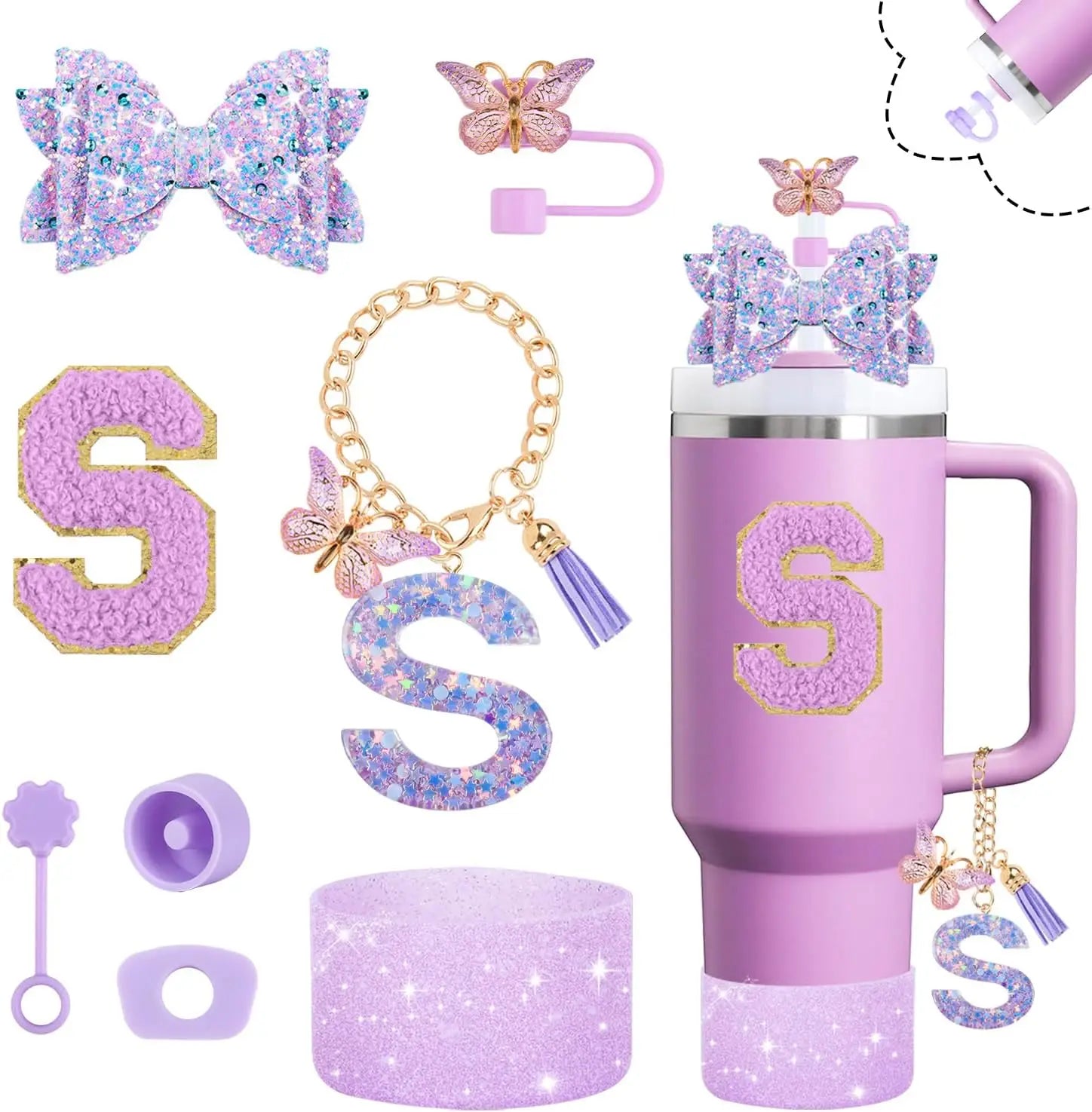 8pcs Cup Accessories Set for Stanley Cup 30oz 40oz tumbler Straw Topper Cover, Boot, Spill Proof Stoppers, Handle Charms Sticker