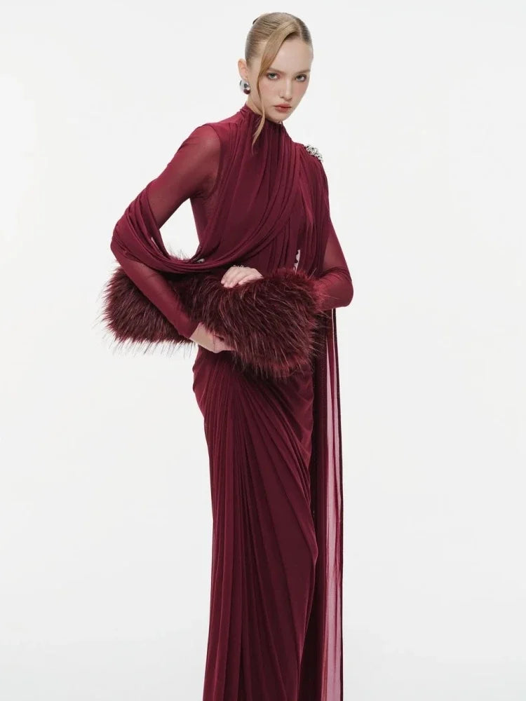 Sexy Long Sleeve O Neck Pleated Draped Long Dress Women Burgundy Mesh Patchwork Folds Slim Runway Celebrity Evening...
