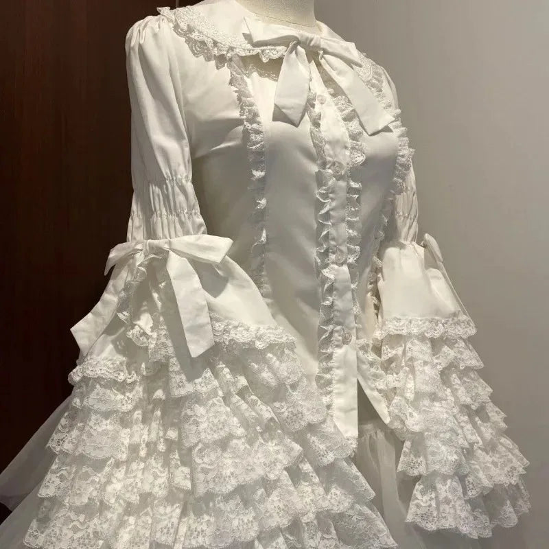 Lolita Lace Blouse Shirt Sweet Women Graduate Cute Ruffle Kawaii Tops Layer Bell Flare Sleeve Princess Doll Collar With Bow