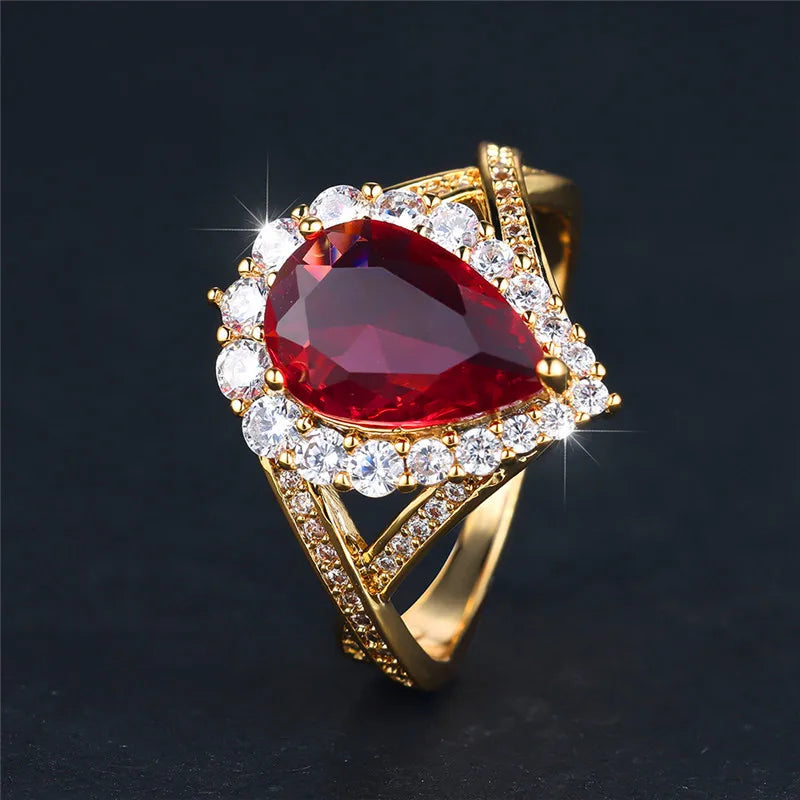 Luxury Female Red Water Drop Zircon Stone Engagement Ring Trendy Gold Color Bride Wedding Jewelry Gift For Women