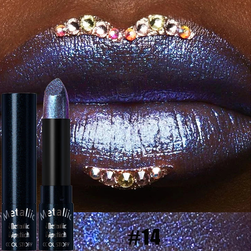 Diamond Pink Lipstick Metallic Glitter Lipstick Waterproof Shiny Pearlescent Dark Blue Red Matte Lip Gloss Halloween Lips Makeup