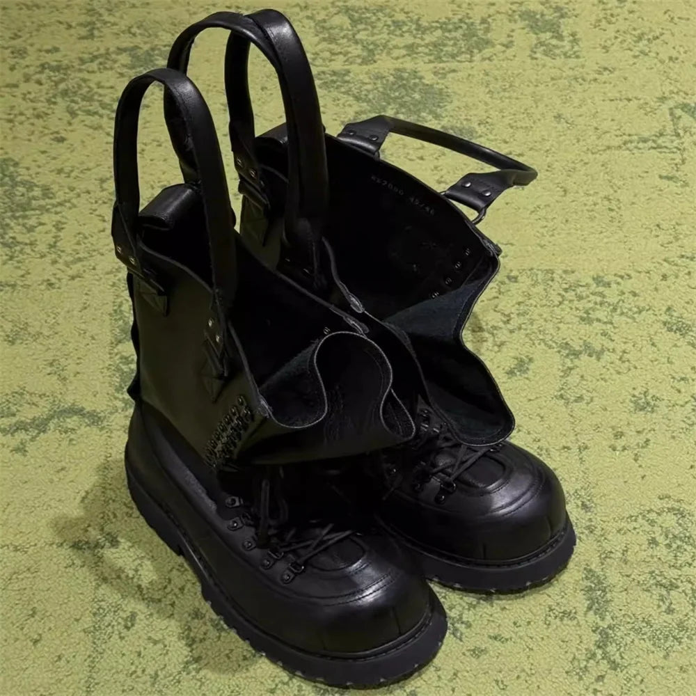 Handheld Boot for Couples Super Cool Big Toe Cross Strap High Top Lace Up Work Boot Men Black Leather Chunky Heel Knee High Boot