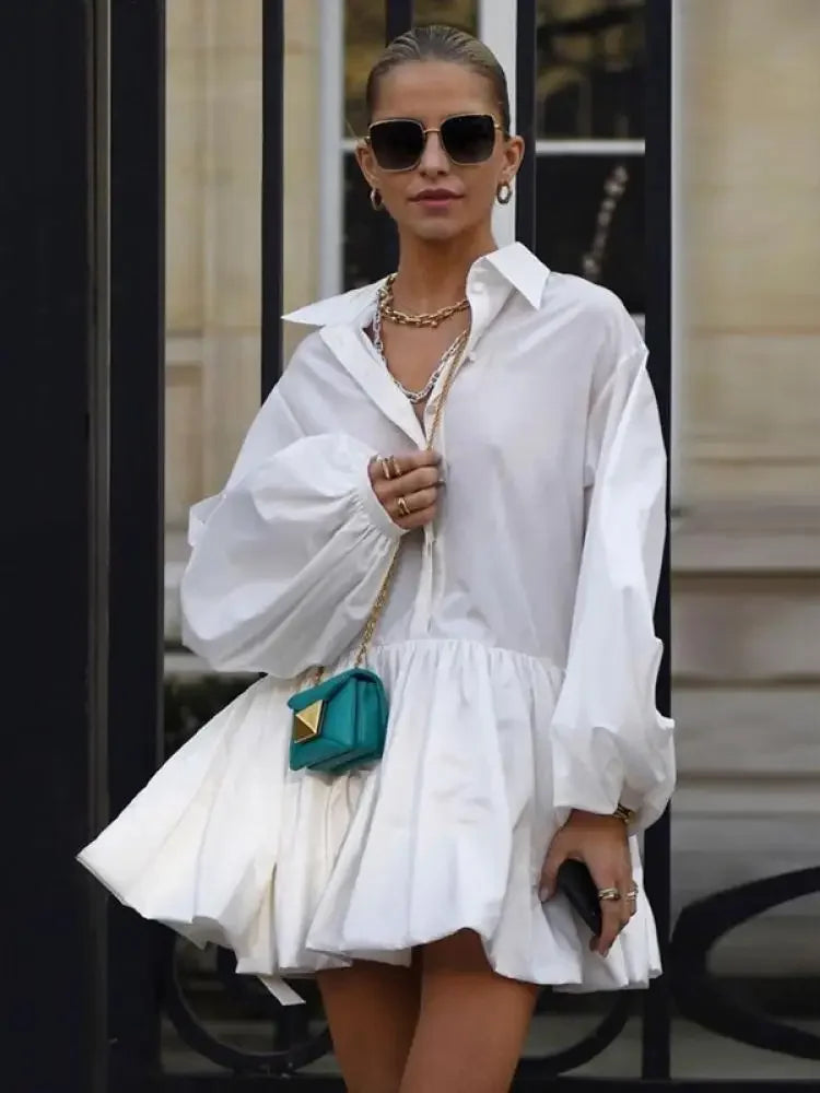 Lemongor Woman Cotton Blend Solid Color Shirts Short Dress 2025 New Fashion Puff Sleeves Pleated Elegant Party Mini Dresses - Kimlud