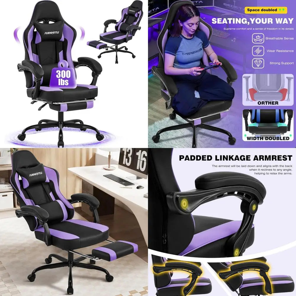 Purple Ergonomic High-Back Gaming Chair for Adults and Teens with Extended Footrest and Removable Headrest, Comfortable Computer