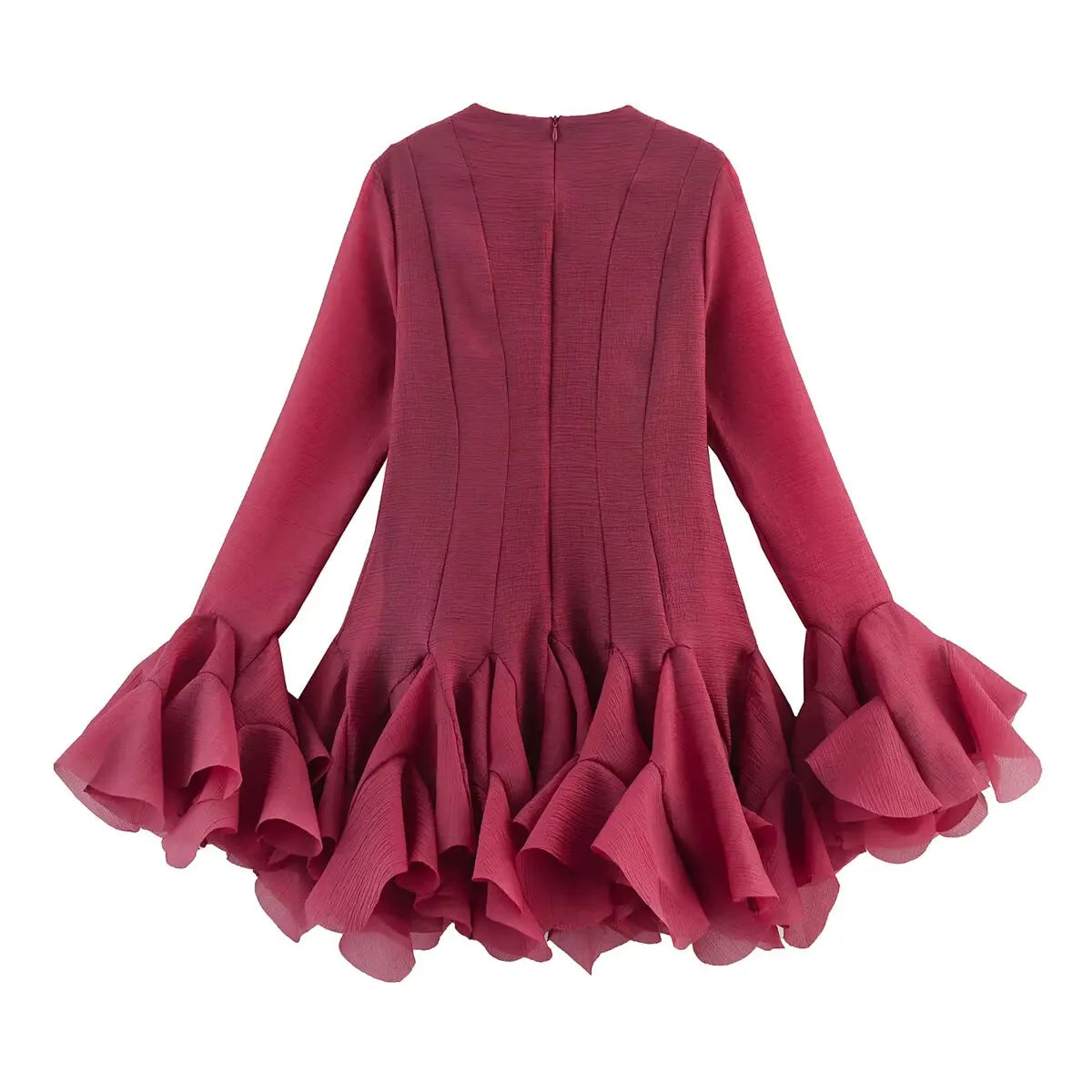 2026 Summer Women's Elegant Multi-Layered Ruffled Hem Mini Dresses Lady Sweet French Style Long Flare Sleeve Slim Fit Puffy Robe - Kimlud