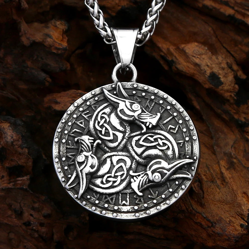 Viking Dragon Pendant Necklace Stainless Steel Round Medallion Celtic Knot Rune Engraved For Men Norse Amulet Daily Wear Jewelry