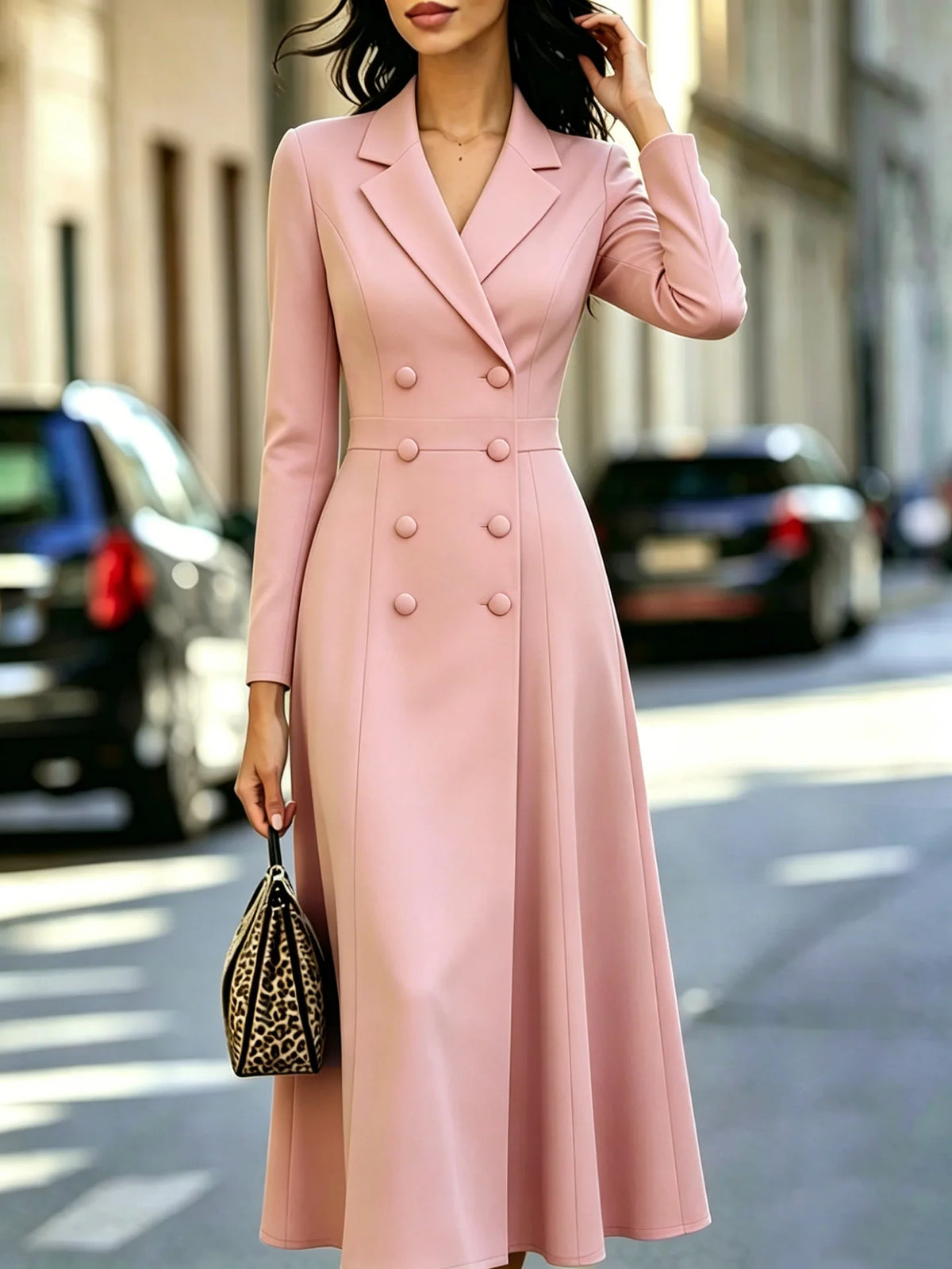 Fashionable Long Dress Elegant Solid Color Casual Slim Autumn Winter Commuting Style Long-sleeved Double-breasted Waist...
