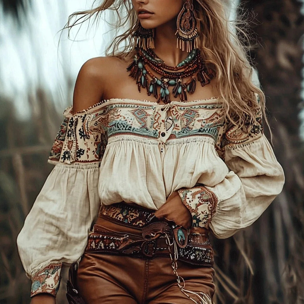 Chic Bohemian Off Shoulder Blouse with Ethnic Style Print Lantern Sleeves Single Breasted Shirts for Summer Autumn Casual Tops