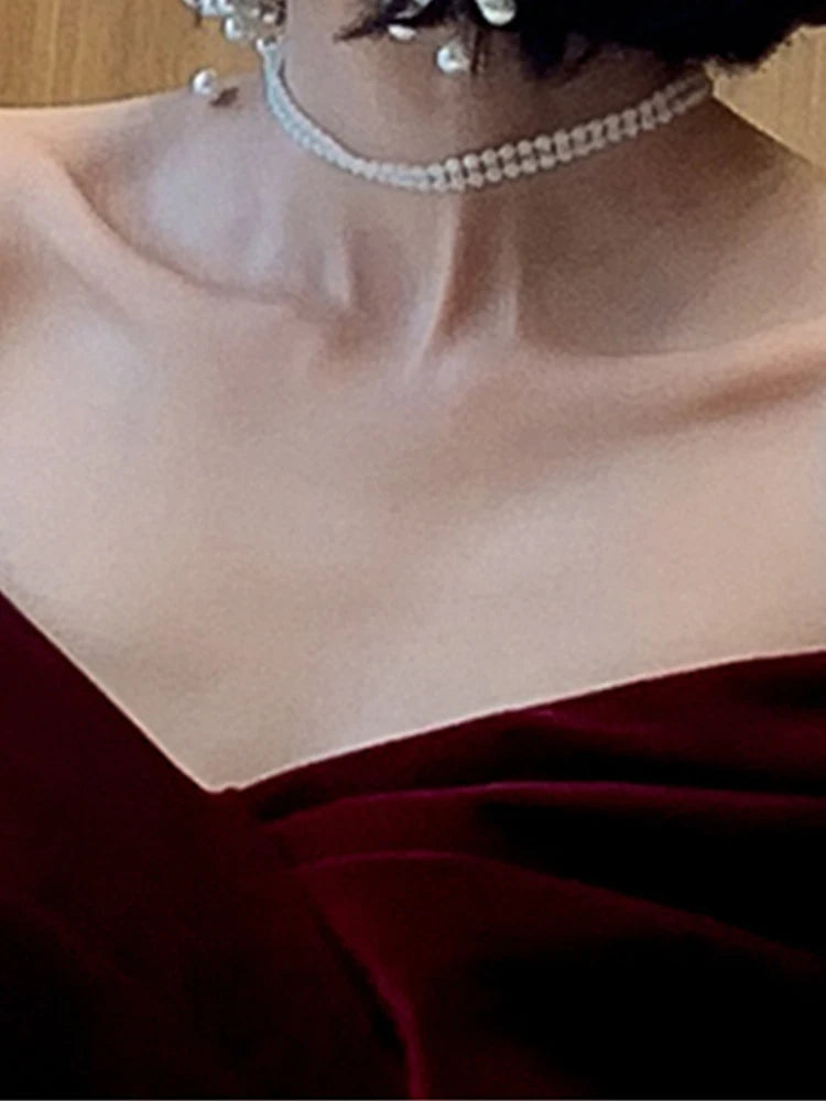 Lautaro Spring Long Luxury Elegant Wine Red Soft Velvet Evening Party Wedding Dresses for Women 2022 Off Shoulder Maxi...