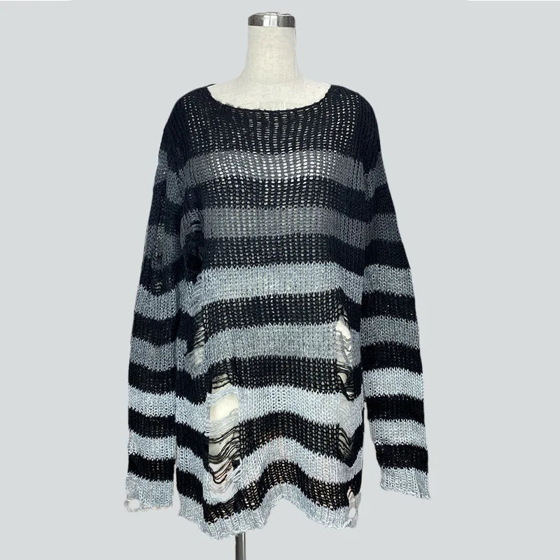 Fashion O-neck Long-sleeved Sweater For Women Autumn High Street Ripped Rainbow Gradient Stripes Mid-length Loose Sweater Female - Kimlud
