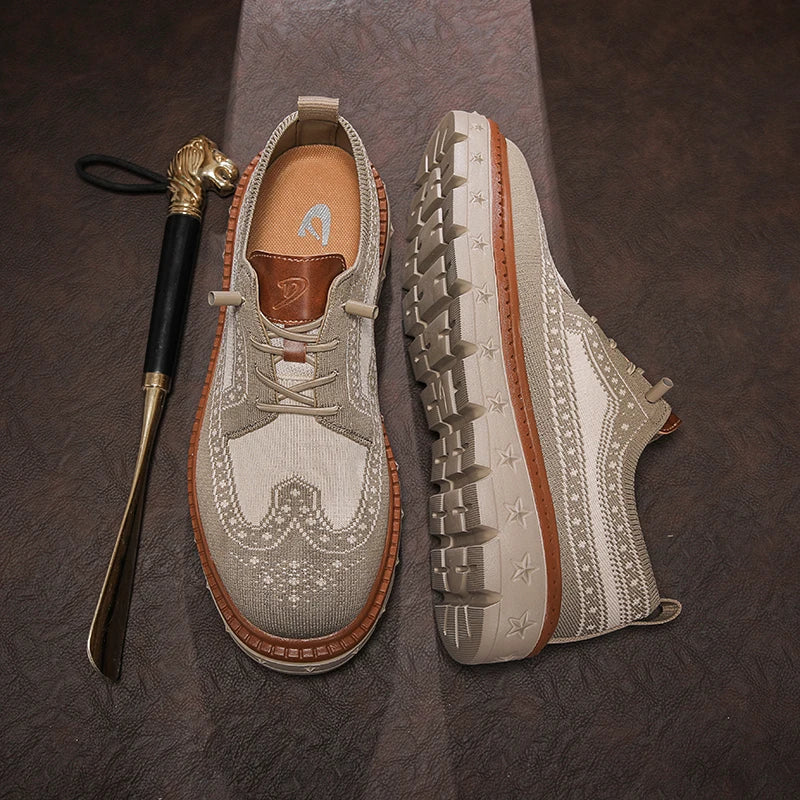 Men's Brogue Knit Oxford Sneakers, Breathable Lightweight Casual Dress Walking Shoes, Soft Cushion Non Slip Platform Fashion Sne