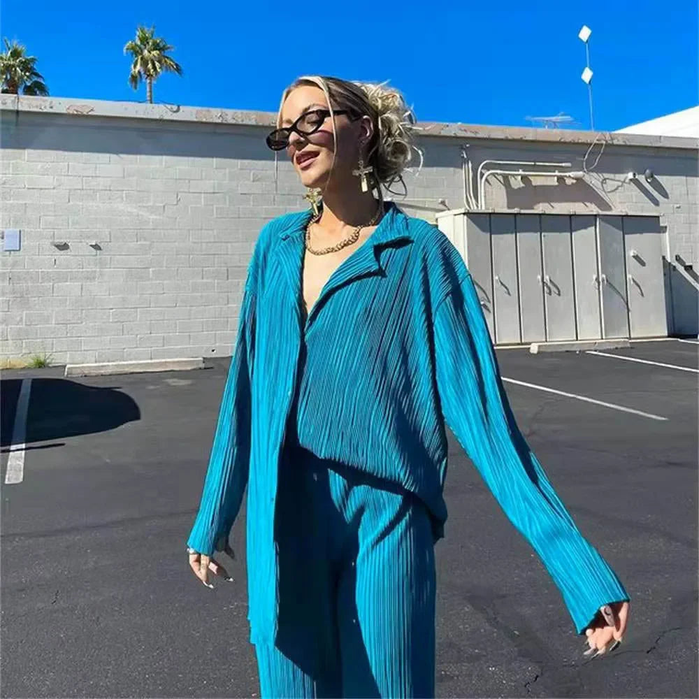 2023 Spring Summer Best Seller Solid Color Draped Loose Fit Smooth Pleated Women's Casual 2-Piece Set Stock Available