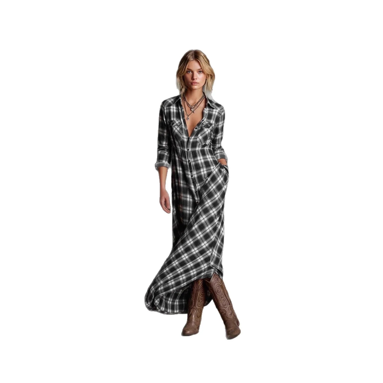 Elegant Long Sleeve Plaid Shirt Dress Fashionable Checkered Collar Dress A- Line Midi Skirt Stylish Commute Wear Polyester Fabri