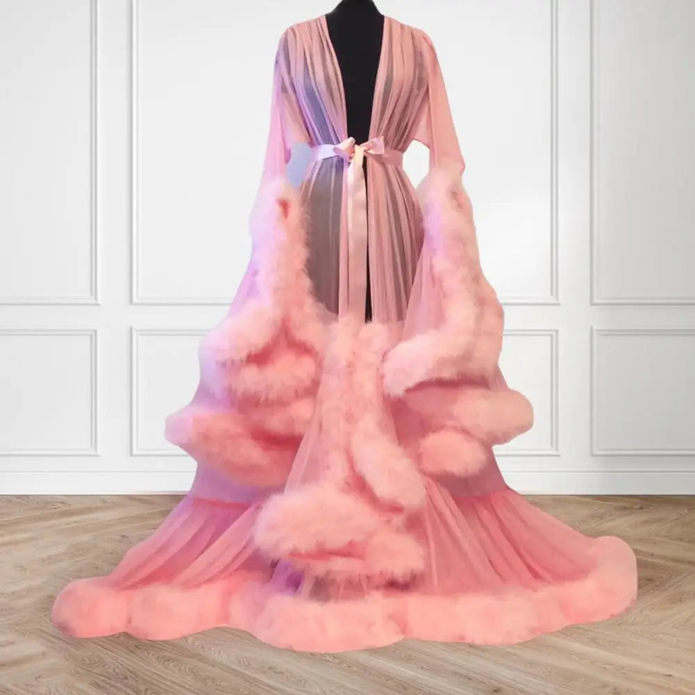 Wedding Night Mesh Dress Fluffy Trim A-line Mesh Dress Translucent Lace-up Bow Waist Seductive Bathrobe Cocktail Party Dresses
