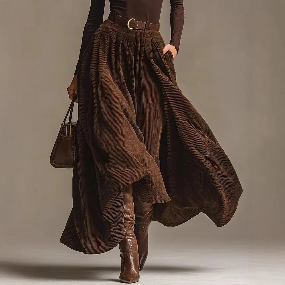 Women's Vintage Corduroy Skirt Two-Piece Set High Waist Big Hem Fashion Streetwear Skirt With Tight-fitting solid T-Shirt Sets