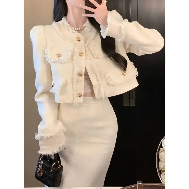 Elegantsocialite Styletweed Long Sleeve Jacket Slimming Skirt New Autumn Fashion Korean Style 2-piece Set