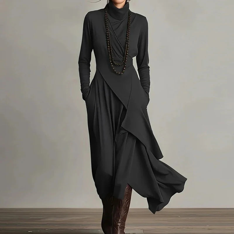 Spring Autumn Long Sleeve Solid Party Dress, Women Holiday Turtleneck Simple Irregular Dress, New Fashion Patchwork Ladies Dress