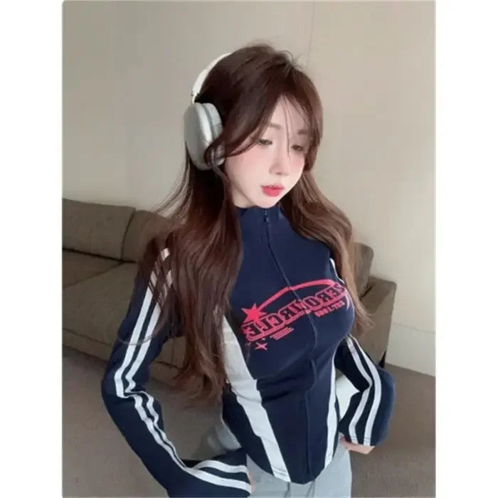 Y2K Korean Vintage Streetwear Women Fashion Letter Print Long Sleeves Sve T-shirt Harajuku Egirl Tops Hot Girl Slim Crop Tops
