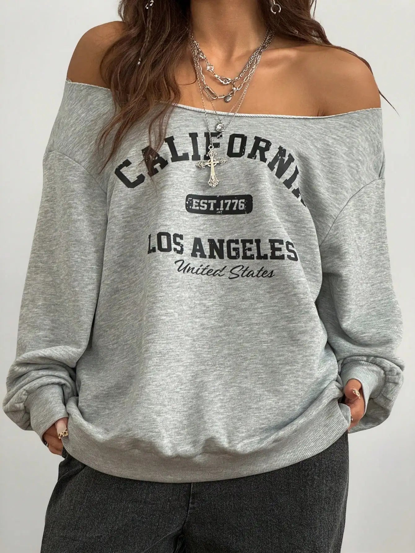 Casual Basic Knitted Single Shoulder Loose Long Sleeve Grey Sports Shirt Long Top Comfortable Loose Fit Grey Knitwear