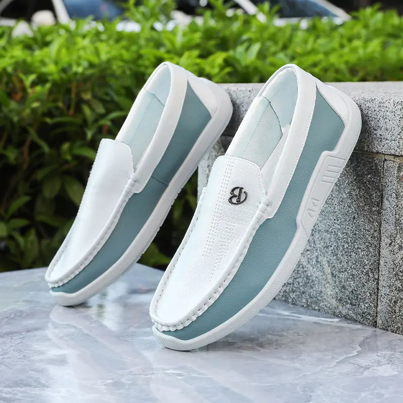 Men's Business Casual Slip-On Loafers White Blue Color Block Comfortable Driving Lightweight Daily Commute Friendly Shoes