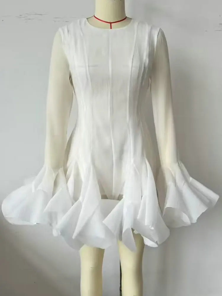 2026 Summer Women's Elegant Multi-Layered Ruffled Hem Mini Dresses Lady Sweet French Style Long Flare Sleeve Slim Fit Puffy Robe - Kimlud